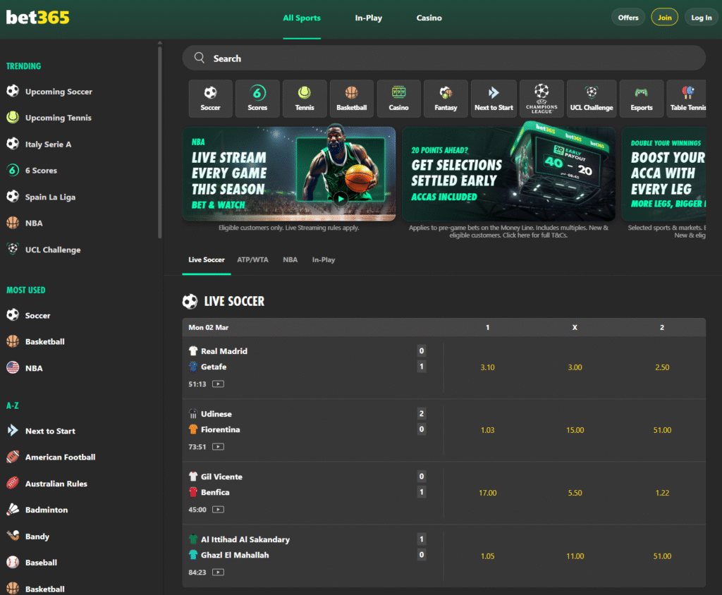 Bet365 Slovenija - posnetek zaslona prva stran marec 2026