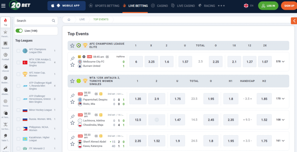 Predogled športnih stav v živo 20Bet dne 3.3.2026