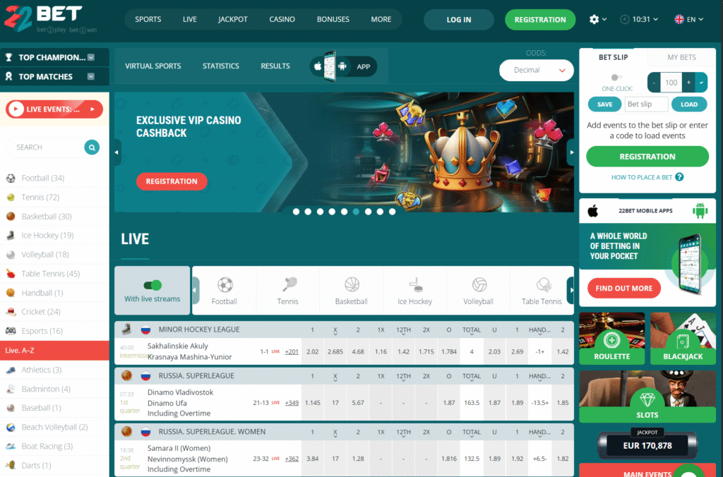 Predogled začetne strani stavnice 22Bet dne 3.3.2026